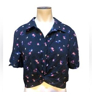 Wild Fable Black Floral Twist Front Button Down Short Sleeve Crop Top